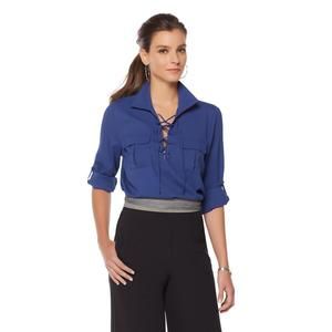 Wendy Williams Women's Long-Sleeves V-Neck Lace-Up Blouse Top Navy Small Sz HSN